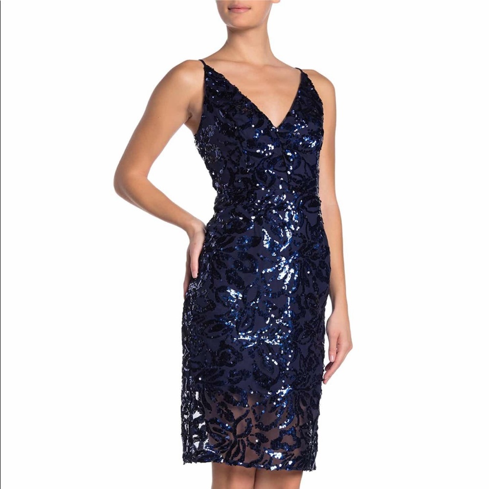 Eliza J Navy Blue V-Neck Sequin Sheath Cocktail Party Holiday Dress XS 2 NWT